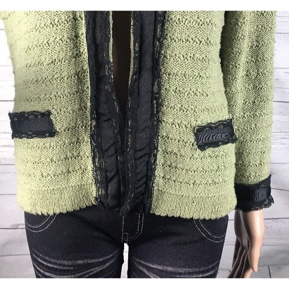 Bandolino Cardigan Sweater Olive Green Black Lace Trim - Picture 6 of 10